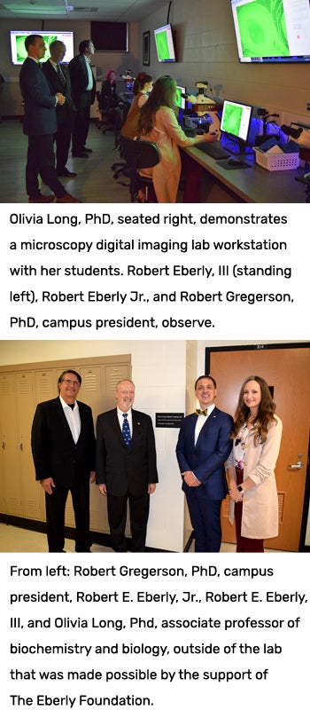 PHoto 1: MDIL demonstration;  Photo 2: Dr. Gregerson, Robert E. Eberly Jr., Robert E. Eberly III, and Dr. Long pose with sign