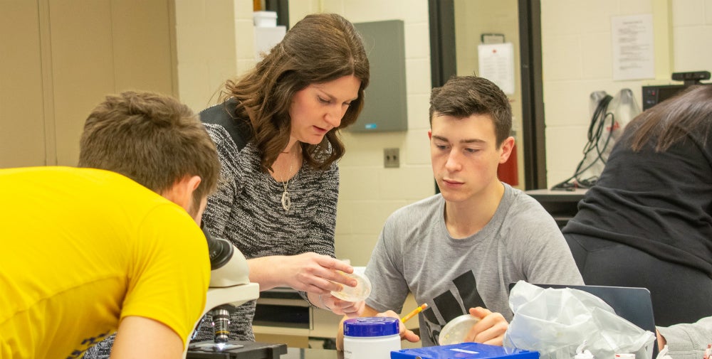 Faculty member and student examining petri dish, with another student in the foreground looking in microscope.