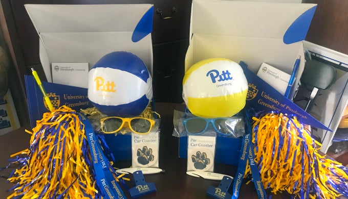 Selection of Pitt merchandise including beach balls, sunglasses, pom-poms, and more