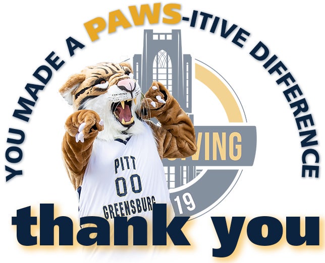 Campus mascot Bruiser Bobcat with message reading: You made a PAWS-itive difference; thank you!