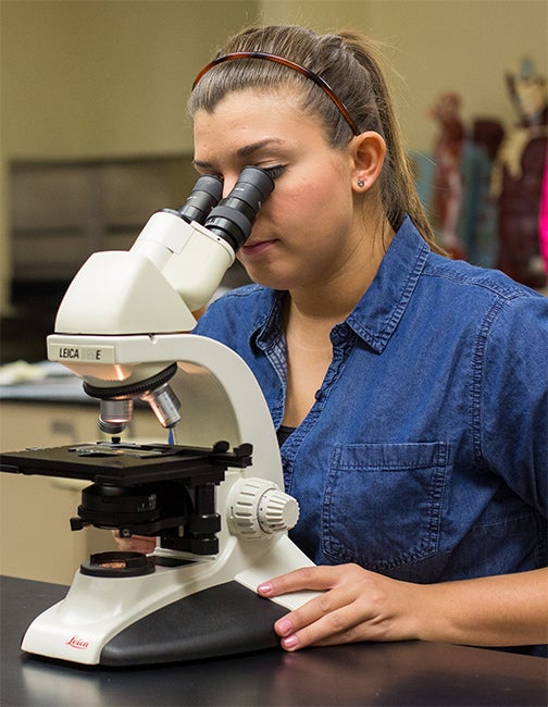 Student looking in microscope