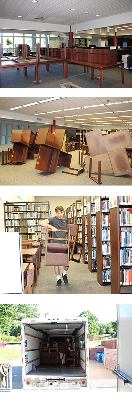 Photos showing study carrels and tables, plus men moving furniture