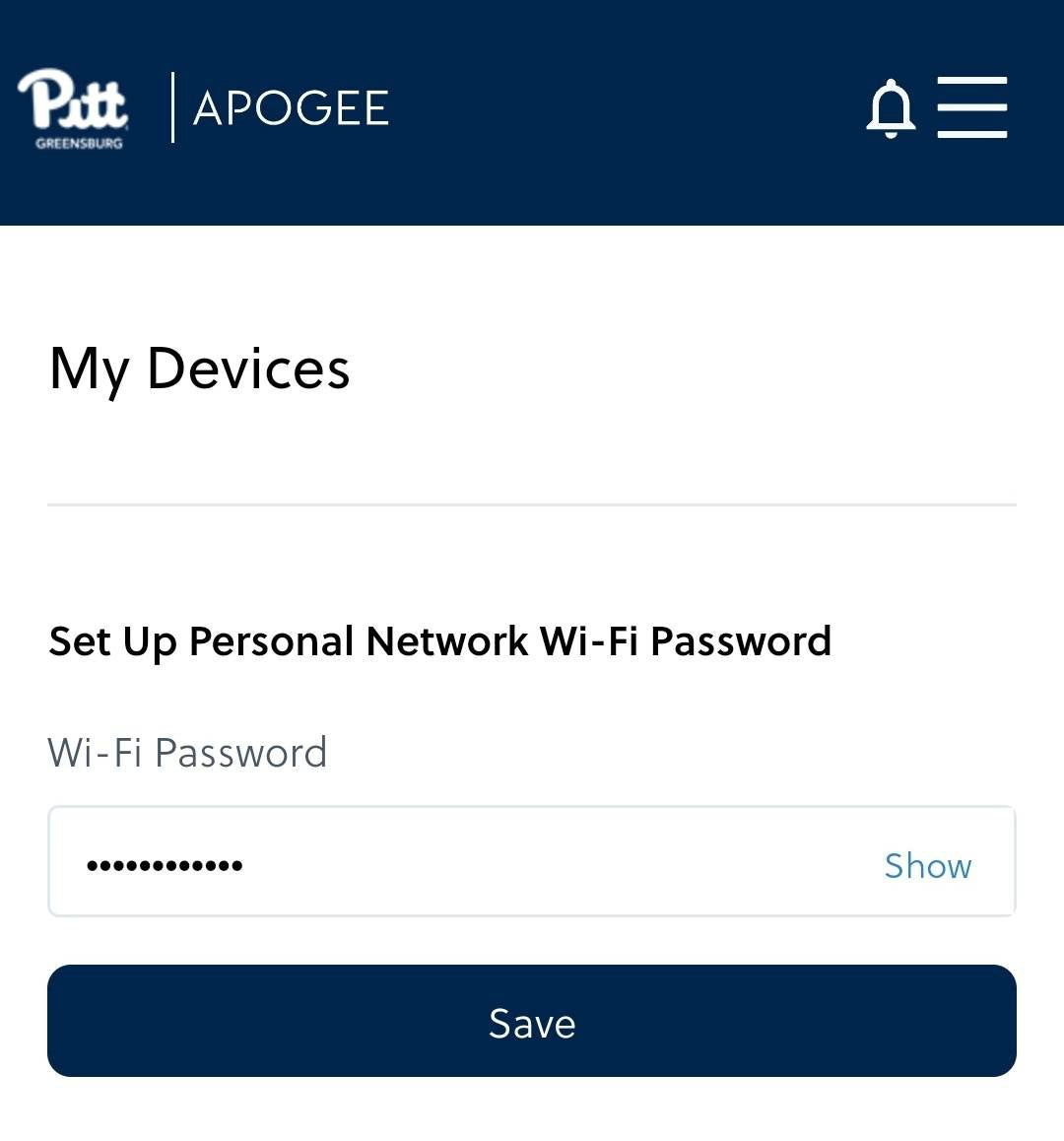 Screenshot of Apogee app reading "Set Up Personal Network Wi-Fi Password" with text field to do so. Save button.