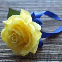 Boutonniere- One (1) single, standard size yellow rose with greens and blue ribbon, individually wrapped in a clear sealed bag with pins provided
