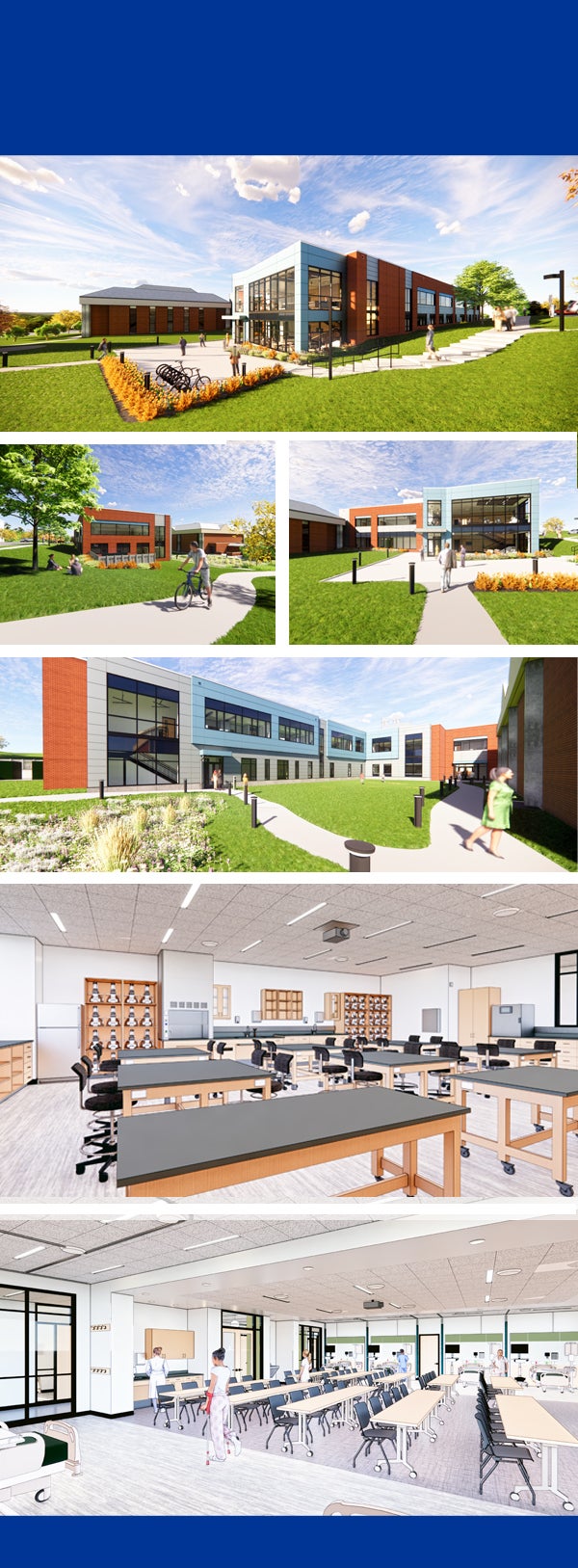 Collage of six artist renderings of Life Sciences building