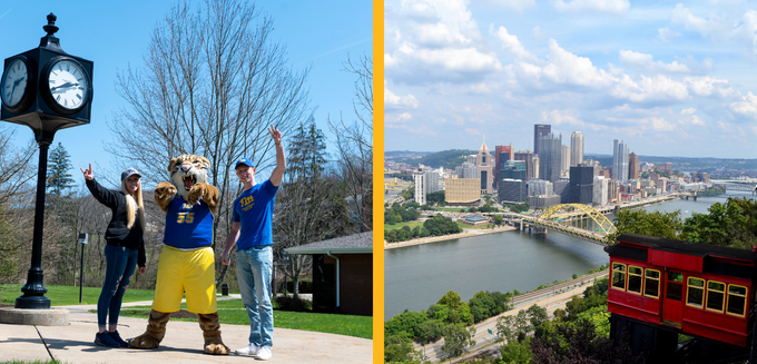 Double paneled image. Panel on left depicts two students posing on Greensburg campus with Bruiser Bobcat mascot. Right panel depicts view of city of Pittsburgh