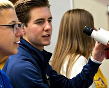 Students share a discussion while working on a lab assignment.