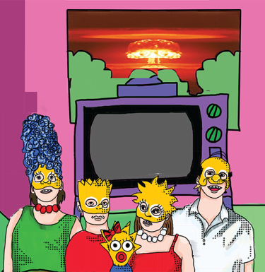 Cartoon of Simpsons characters sitting on couch as nuclear bomb goes off in background