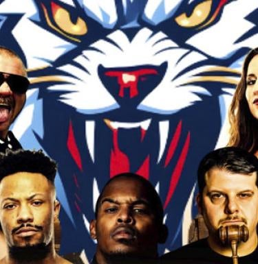 Detail of Pitt Fight poster with wrestlers clustered around a stylized bobcat head