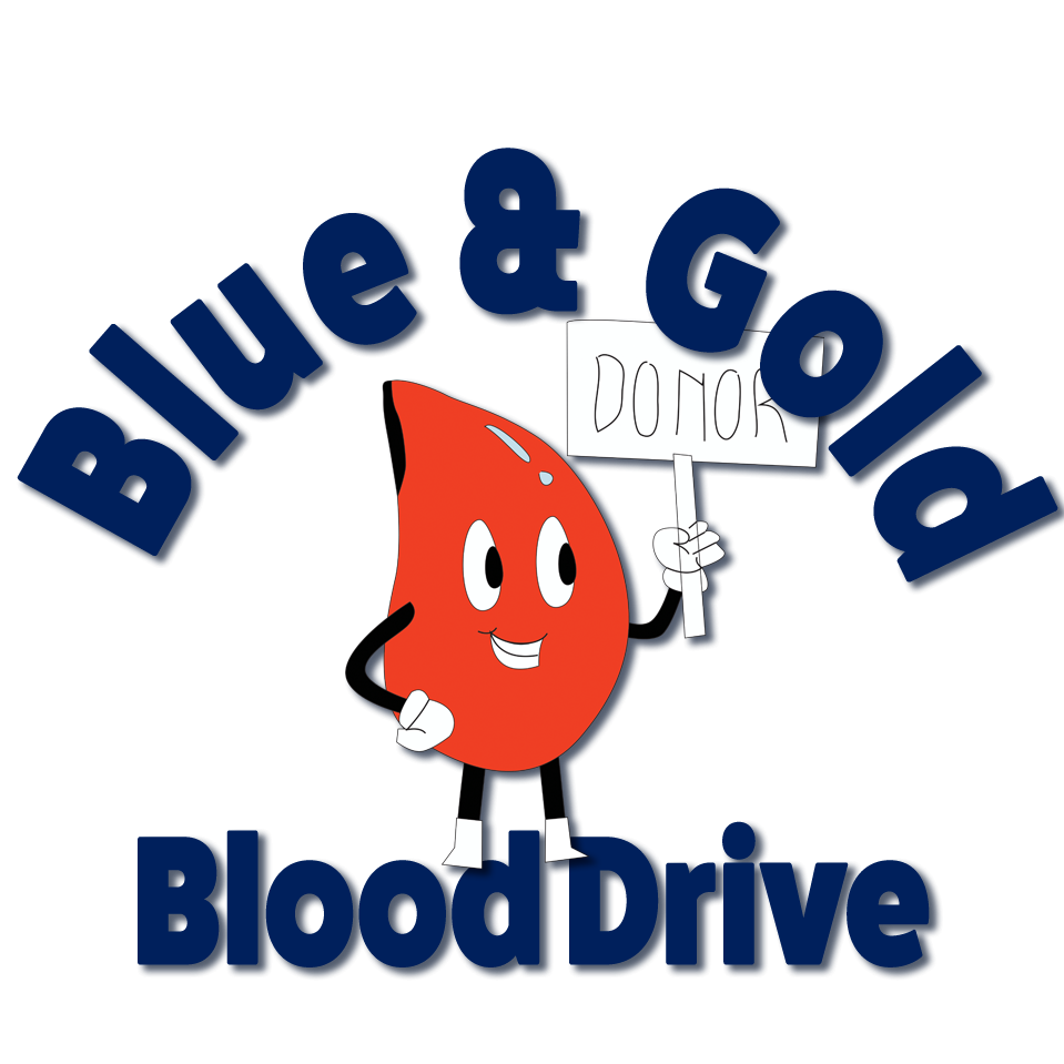Blue & Gold Blood Drive Logo-Blood drop carrying a sign