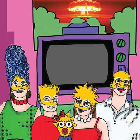 Cartoon of Simpsons characters sitting on couch as nuclear bomb goes off in background