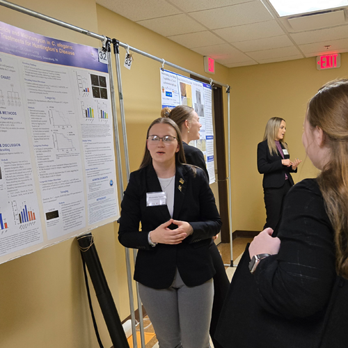 Student making a poster presentation.