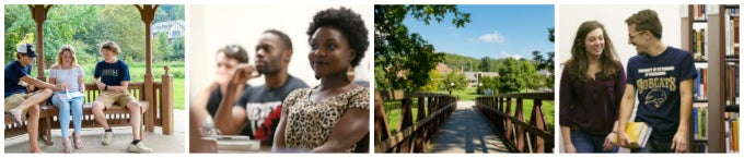 Collage of four photos depicting students on campus